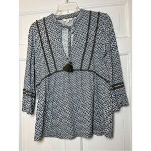 Boden 100% Cotton Light Blue Printed Tassel Peasant Top Women’s 4R